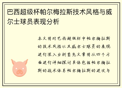 巴西超级杯帕尔梅拉斯技术风格与威尔士球员表现分析