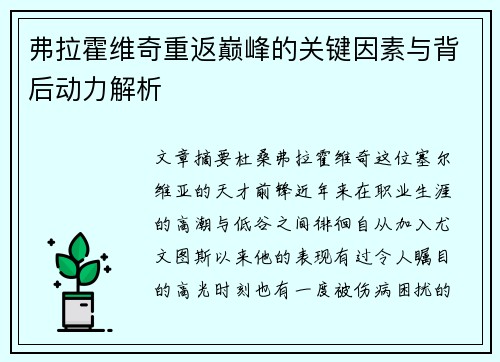 弗拉霍维奇重返巅峰的关键因素与背后动力解析