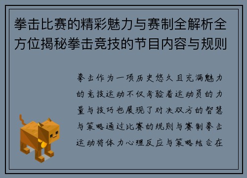 拳击比赛的精彩魅力与赛制全解析全方位揭秘拳击竞技的节目内容与规则