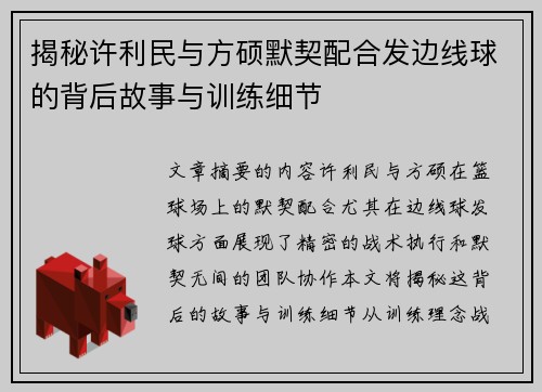 揭秘许利民与方硕默契配合发边线球的背后故事与训练细节