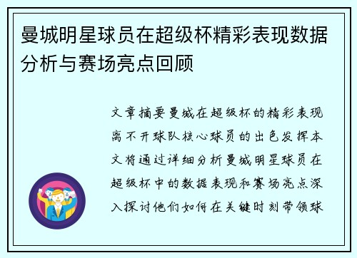 曼城明星球员在超级杯精彩表现数据分析与赛场亮点回顾